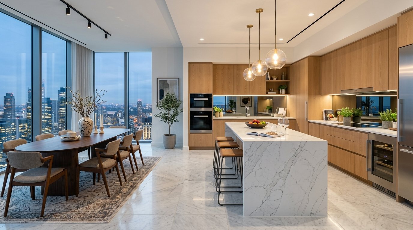 Prestige Pallavaram Gardens designer modular kitchen interior with quartz island countertop and premium bronze fittings in 3 and 4 BHK residences