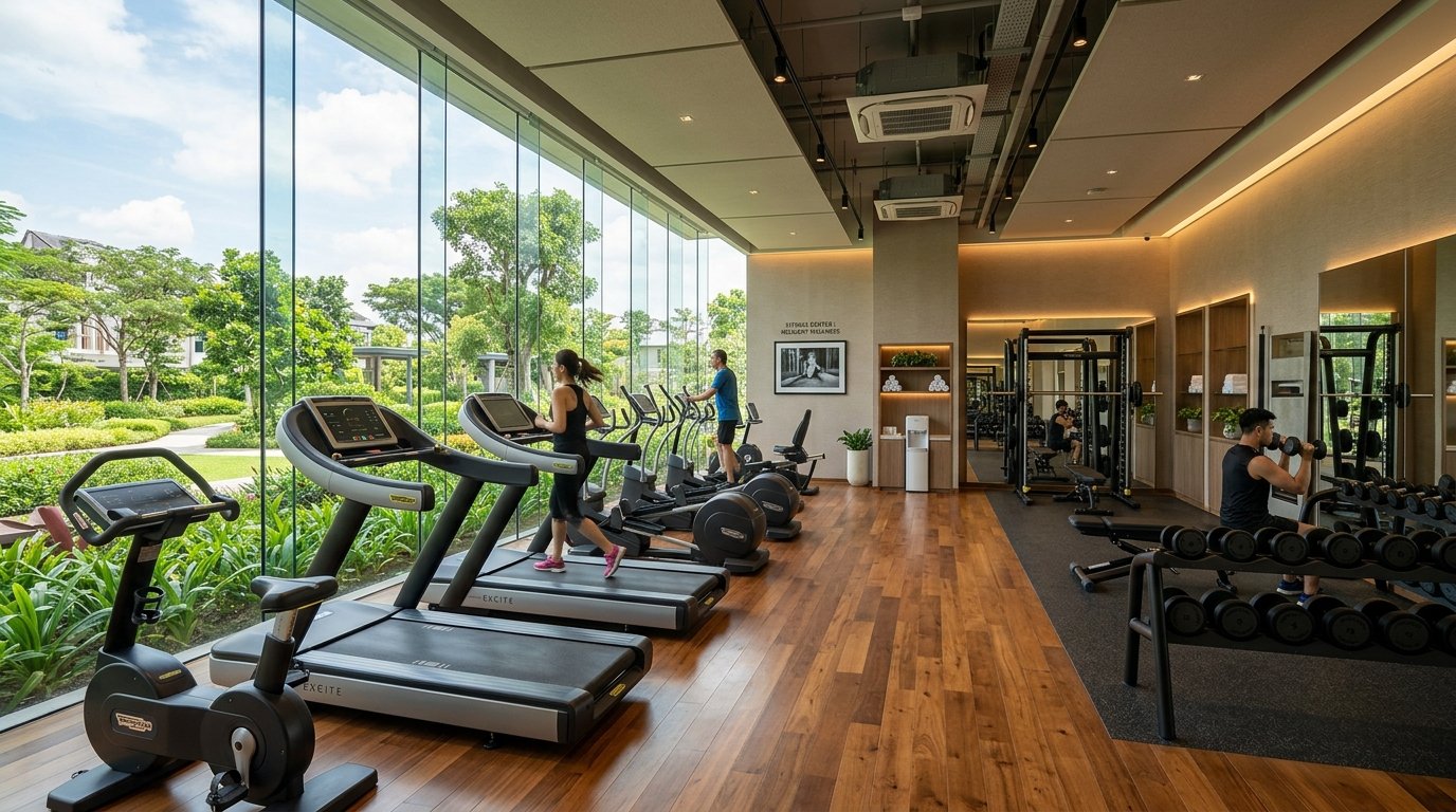 Prestige Pallavaram Gardens modern clubhouse gymnasium and fitness center with cardio and strength equipment overlooking landscaped gardens