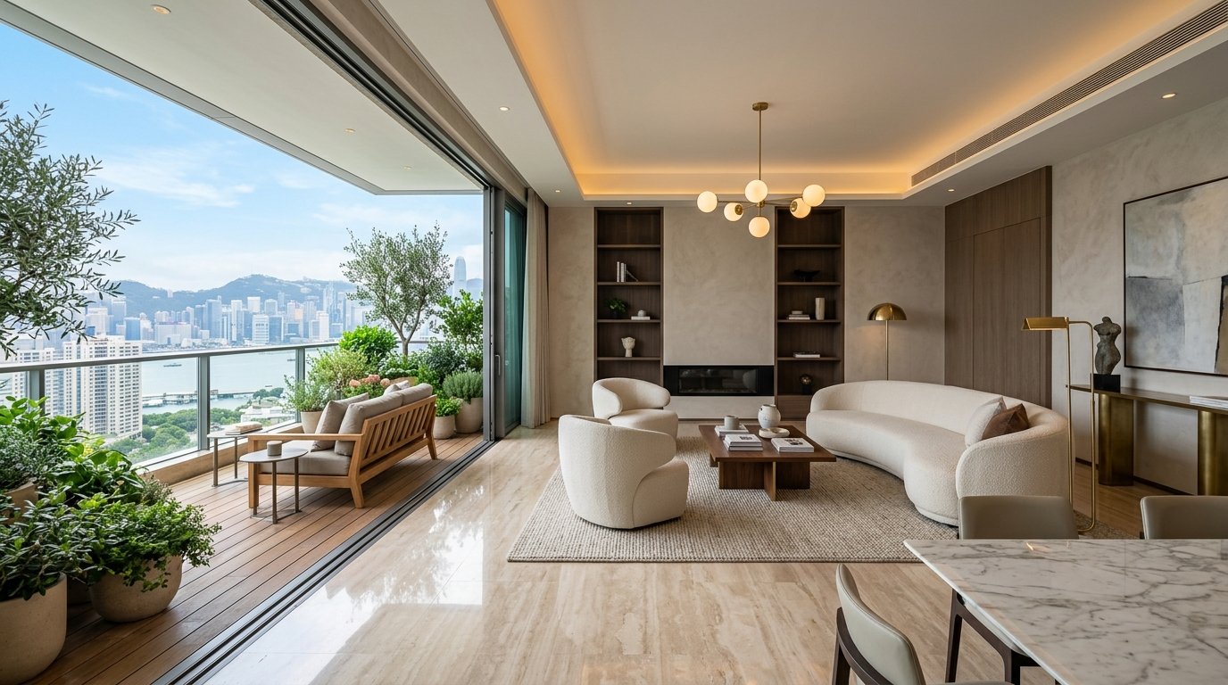 Prestige Pallavaram Gardens luxury living room interior with Italian marble flooring, full-height glass sliding doors, and private sundeck balcony